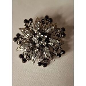 Vintage Style Silver Tone Black Clear Rhinestone Floral Sunburst Brooch Pin